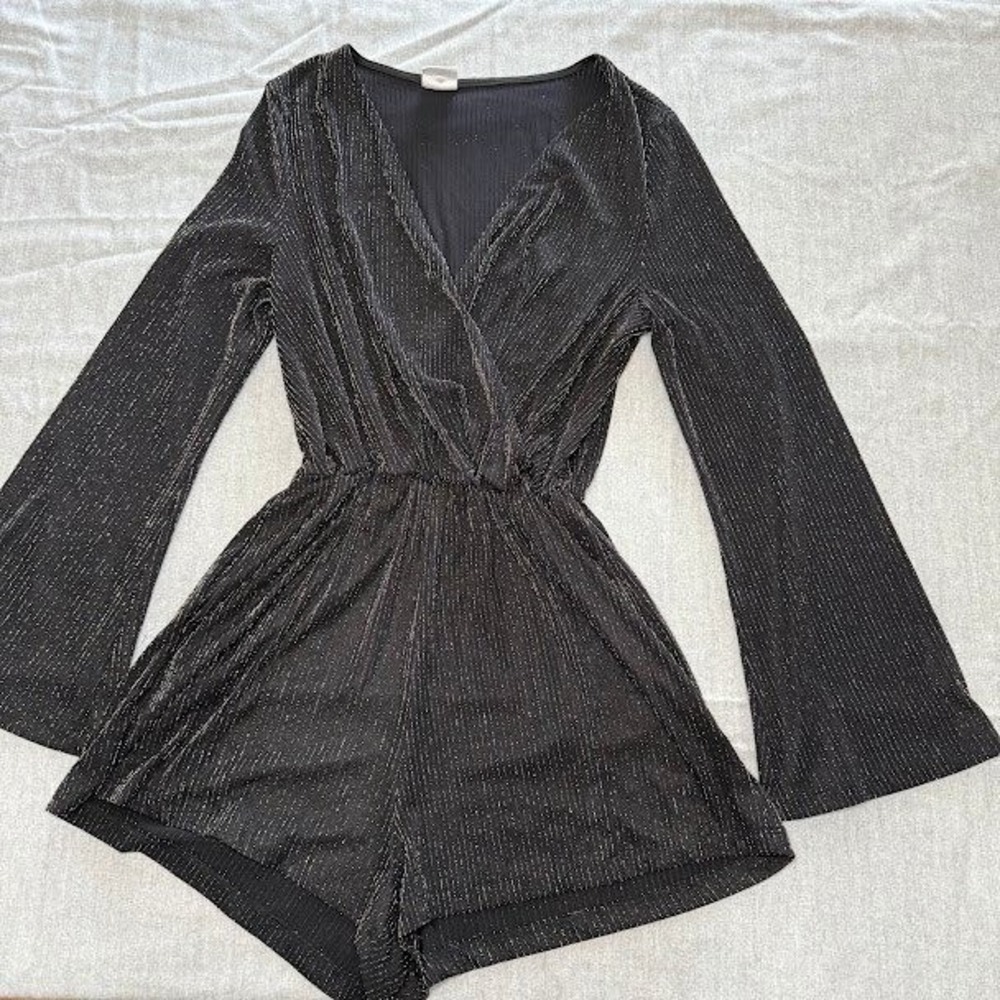 By Together Sparkle Romper L Long Sleeve Surplice V Neck Party Night Out